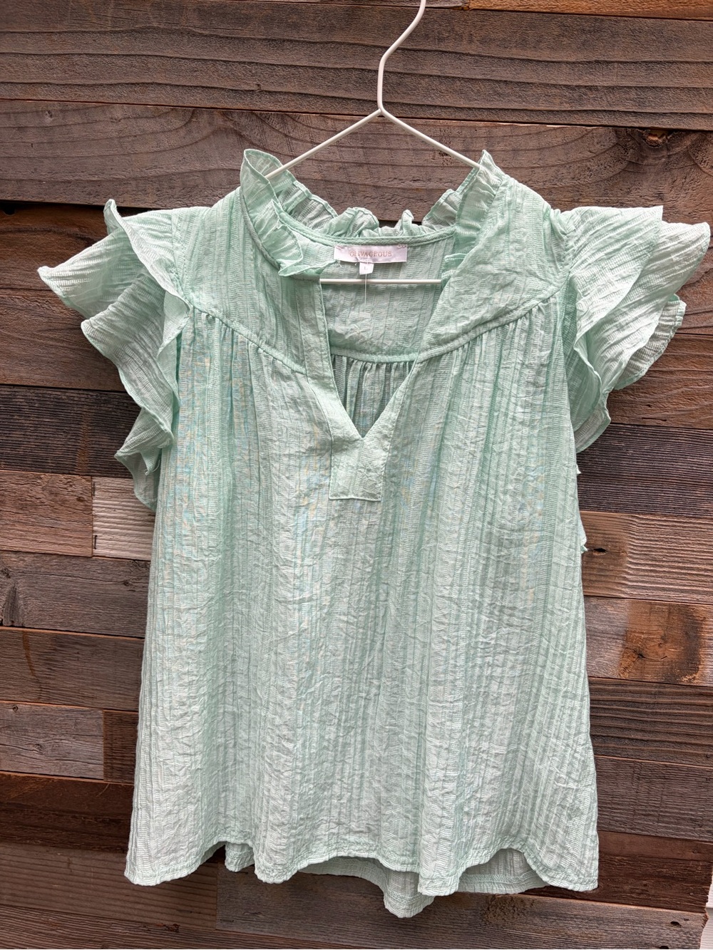 Olivaceous Soft Ruffle Sleeve V-Neck Top in Mint